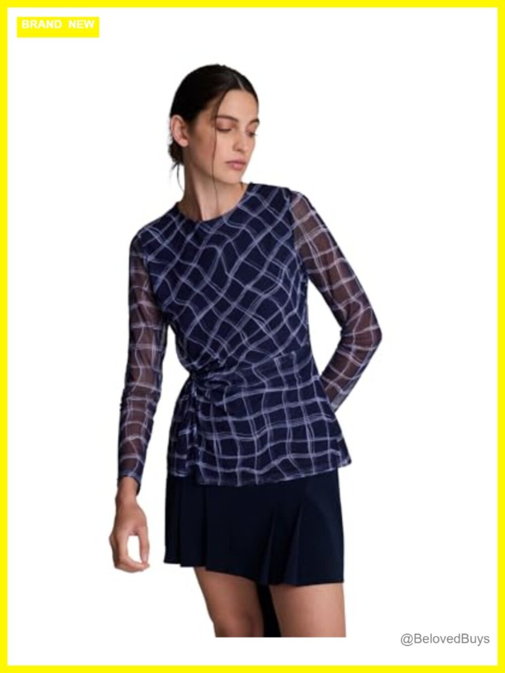 Long Sleeve Printed Mesh Knot Waist Top Crew Neck Business Casual Tunic